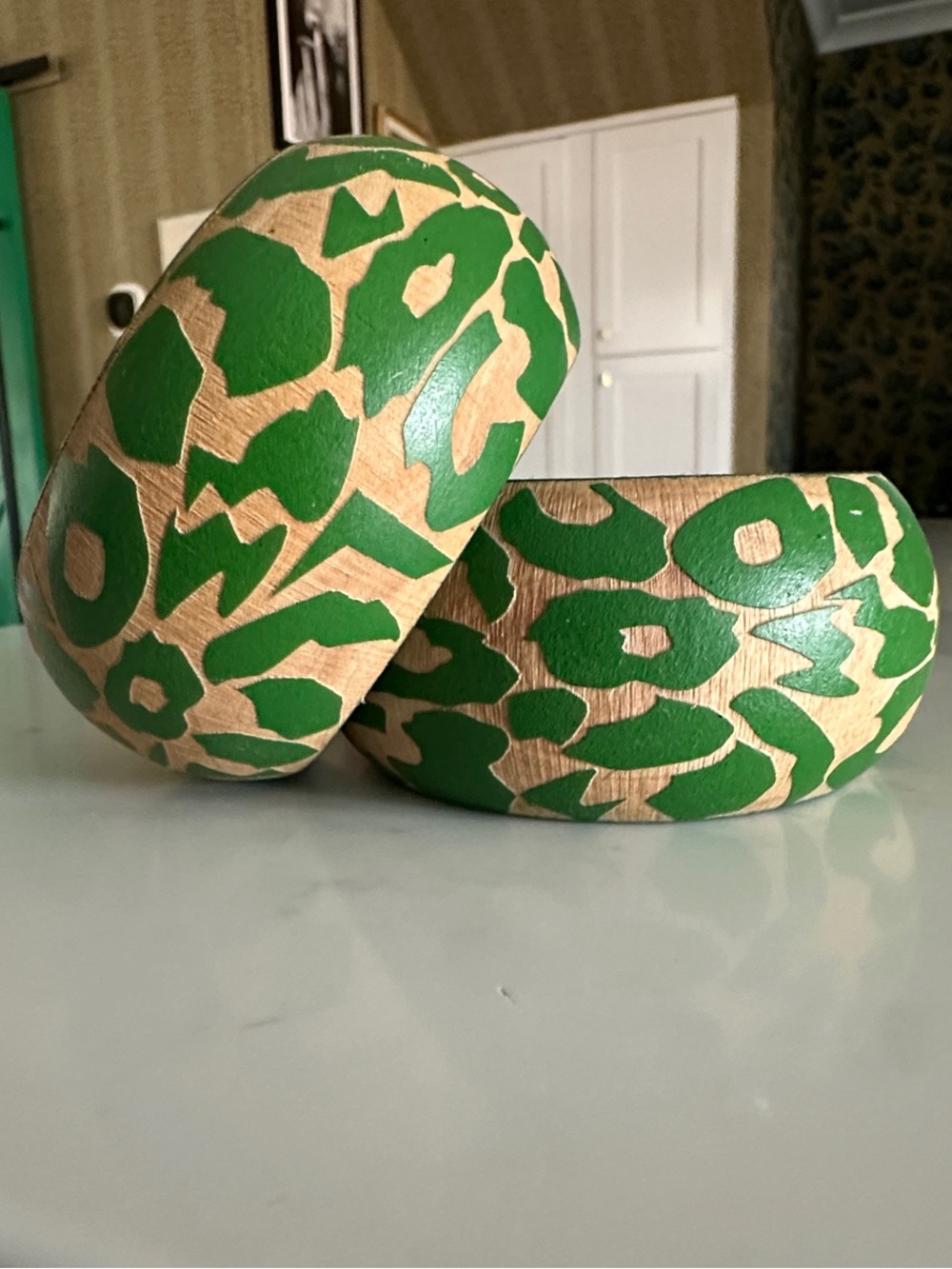 Vintage Wooden Green Cheetah Print Bangle Set of 2,
